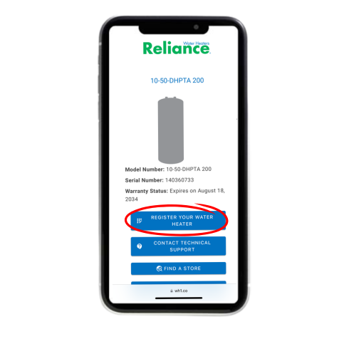 screenshot of QR code site with "register your water heater" circled in red.